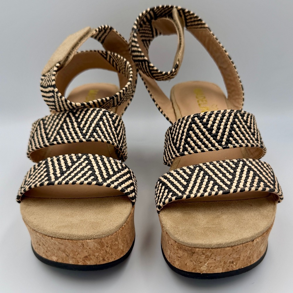 Madeline Girl Swole Black Tan Chevron Woven Cork Platform Wedge Sandals 7M
